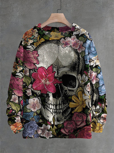 Vintage Fantasy Floral Skull Art Print Casual Knit Pullover Sweater