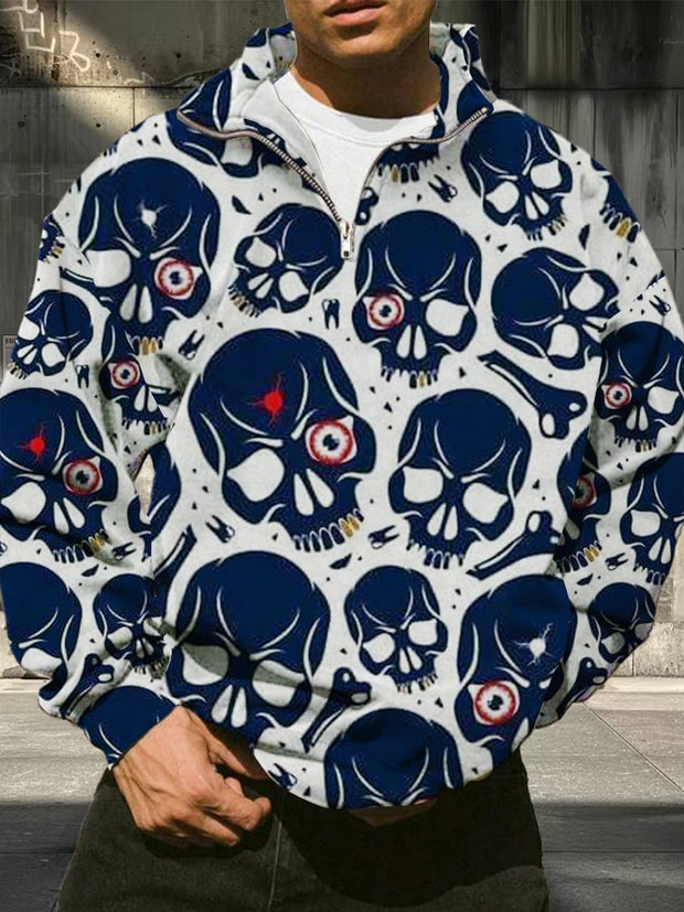 Men's Retro Skull Pattern Printed Casual Fashion Half Zipper Long Sleeve Hoodie