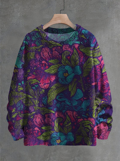 Vintage Fantasy Flowers Art Print Casual Knit Pullover Sweater