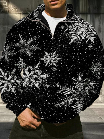 Men's retro Christmas snowflake print casual fashion half zip long sleeved sweatshirt