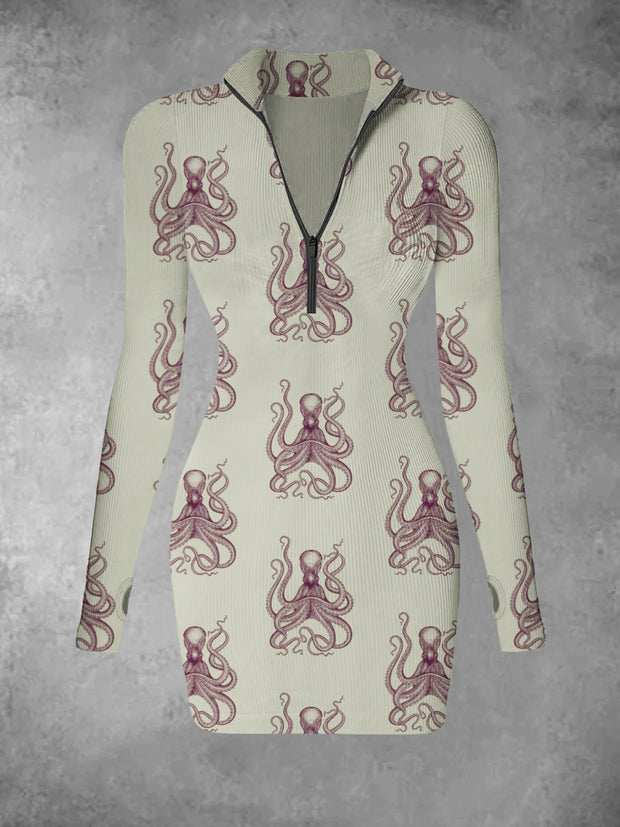 Women's retro cartoon octopus print casual fashion V-neck long sleeved slim fit dress