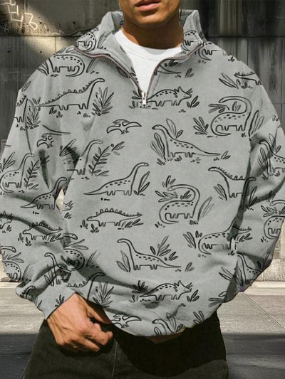 Men's retro plant dinosaur pattern printed casual fashion half zip stand up collar long sleeved sweatshirt