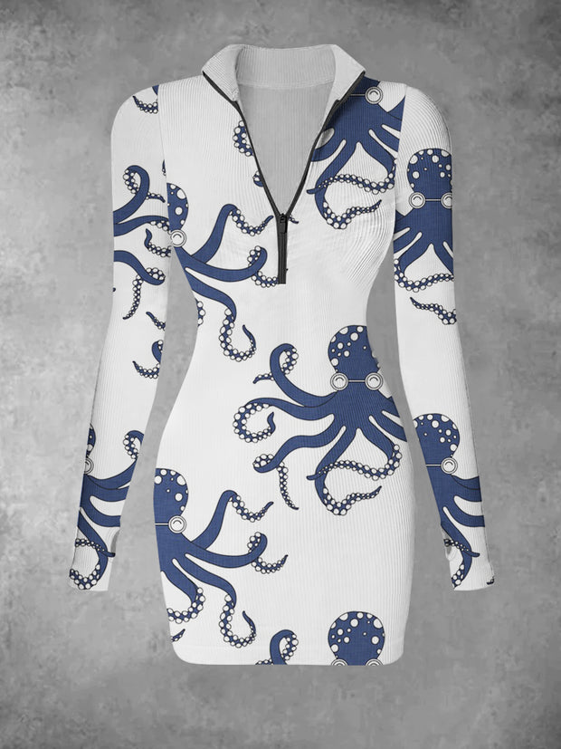 Women's retro cartoon octopus print casual fashion V-neck long sleeved slim fit dress