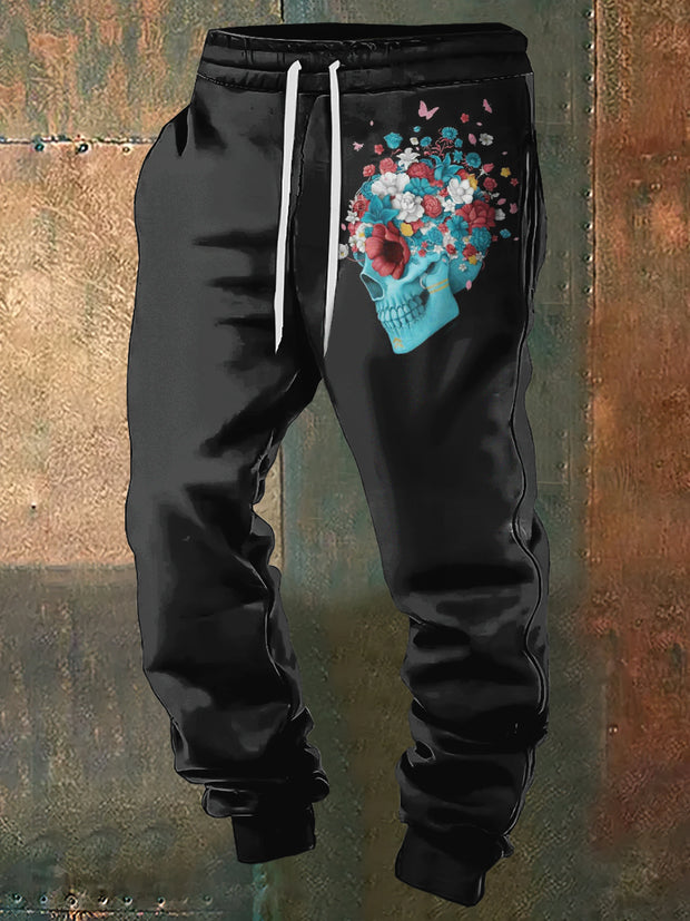 Men's Abstract Floral Skull Punk Print Sweatpants