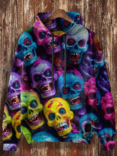 Unisex Colorful Skull Print Punk Casual Hooded Sweatshirt