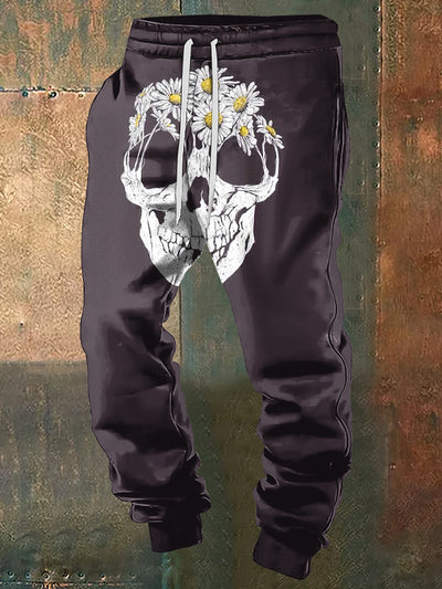 Men's Abstract Daisy Skull Punk Print Sweatpants