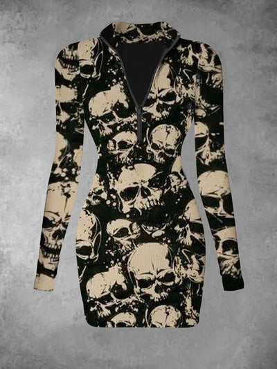 Women's Retro Skull Pattern Printed Casual Fashion V-neck Long Sleeve Slim Knitted Pit Strip Dress