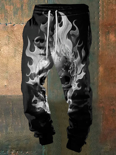 Men's Abstract Fire Skull Punk Print Sweatpants