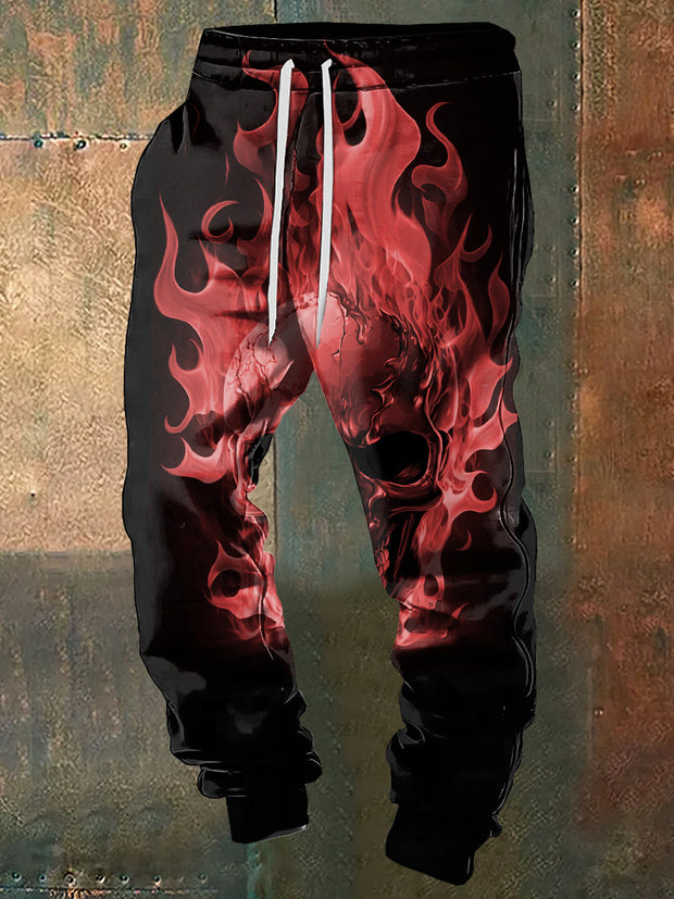 Men's Abstract Fire Skull Punk Print Sweatpants