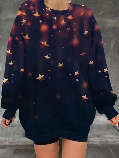 Women's retro star pattern printed casual and fashionable loose round neck long sleeved sweatshirt