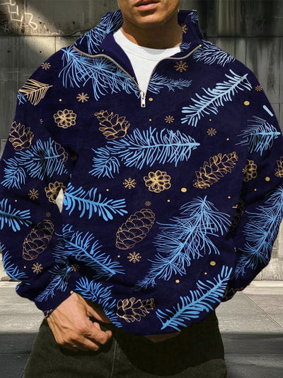 Men's Retro Christmas Pattern Printed Casual Fashion Loose Long Sleeve Half Zipper Stand up Hoodie