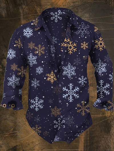 Men's Retro Snowflake Christmas Print Casual Shirt Long Sleeve