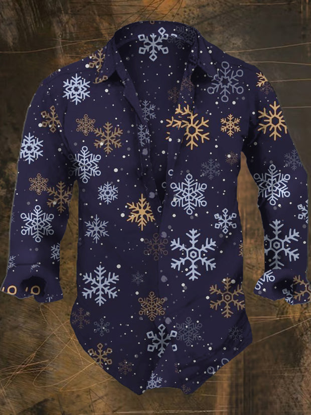 Men's Retro Snowflake Christmas Print Casual Shirt Long Sleeve