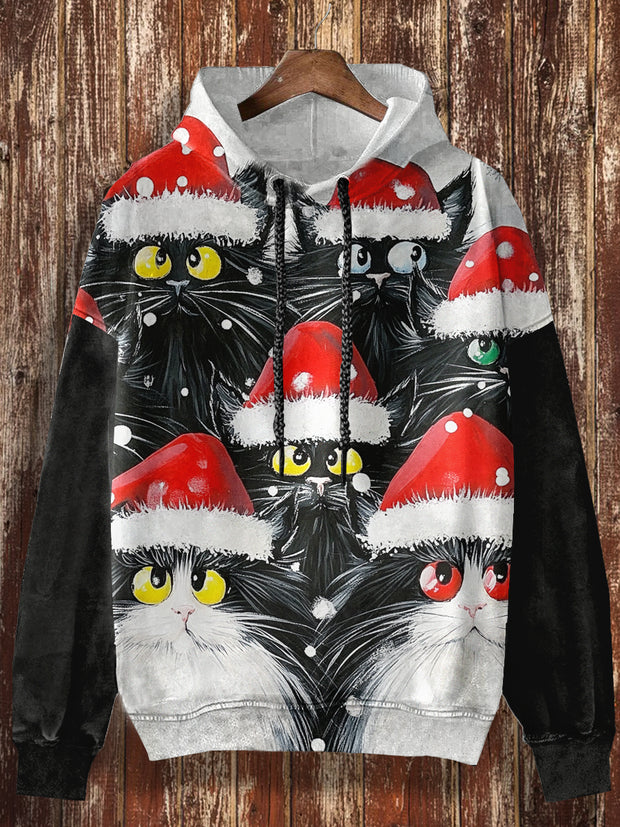 Unisex Funny Christmas Cat Print Casual Hooded Sweatshirt