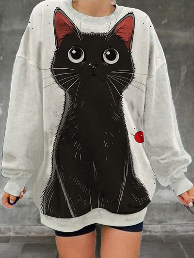 Women's cute cat pattern printed casual and fashionable loose round neck long sleeved sweatshirt