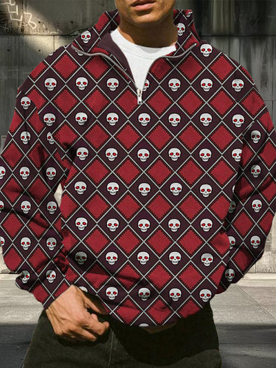 Men's retro skull continuous pattern print casual and fashionable loose long sleeved half zip stand up collar sweatshirt