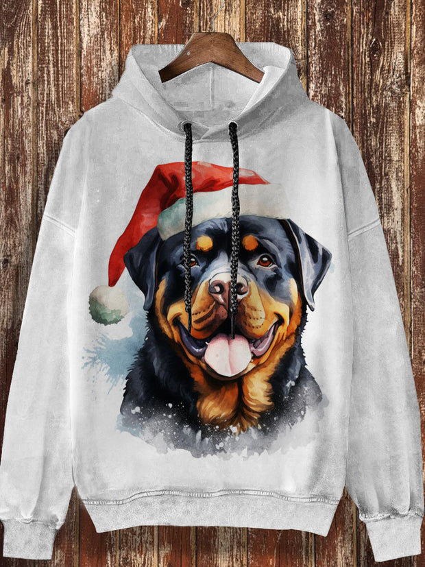 Unisex Christmas puppy print casual and fashionable loose long sleeved hooded sweatshirt