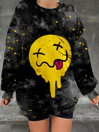 Women's retro bizarre smiling face pattern printed casual and fashionable loose round neck long sleeved sweatshirt