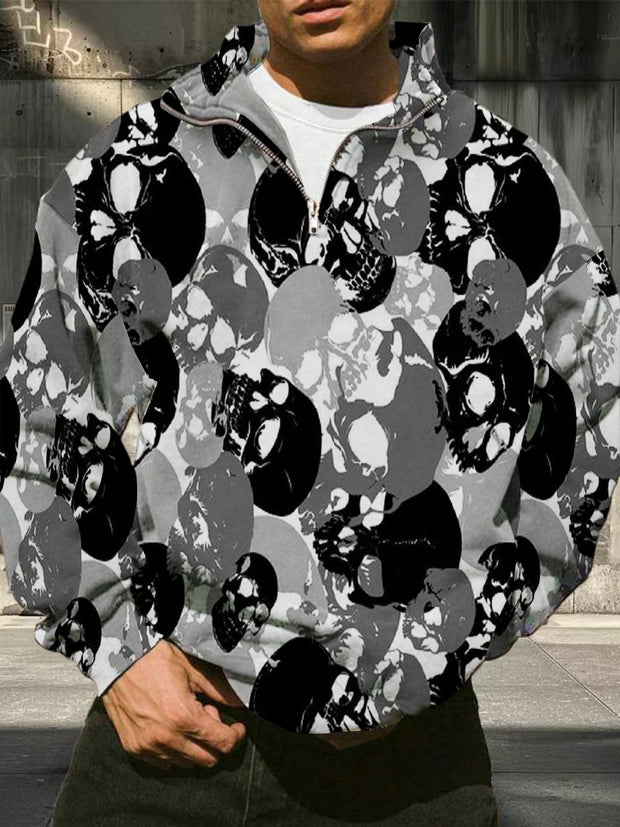 Men's Retro Skull Pattern Printed Casual Fashion Loose Long Sleeve Half Zipper Stand up Hoodie