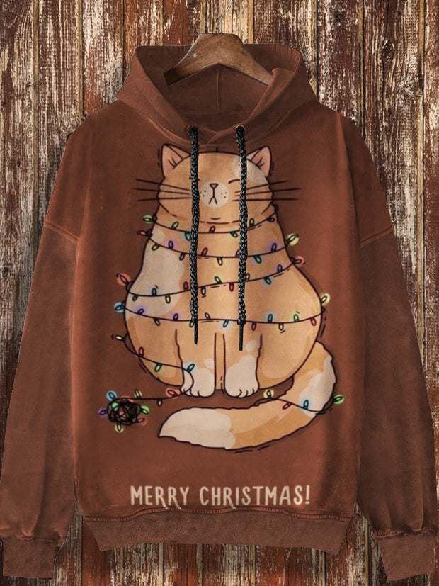 Unisex Christmas light bulb cat pattern print casual and fashionable loose long sleeved hooded sweatshirt