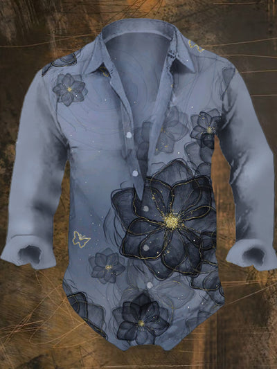 Men's Retro Butterfly Flowers Print Casual Shirt Long Sleeve