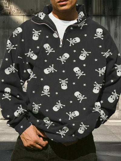 Men's Skull Pattern Printed Casual Fashion Loose Half Zipper Stand up Collar Long Sleeve Hoodie