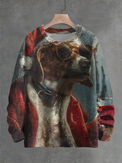 Vintage Christmas Dog Art Print Casual Knit Pullover Sweater