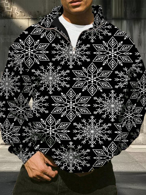 Men's retro Christmas snowflake design pattern printed casual and fashionable loose long sleeved half zip stand up collar sweatshirt