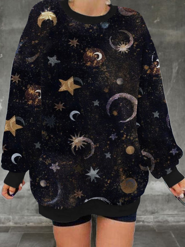 Women's retro sun, moon, star pattern printed casual and fashionable loose round neck long sleeved sweatshirt