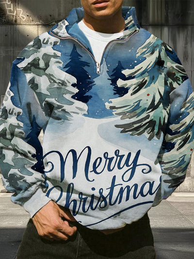 Men's Retro Christmas Pattern Printed Casual Fashion Loose Long Sleeve Half Zipper Stand up Hoodie