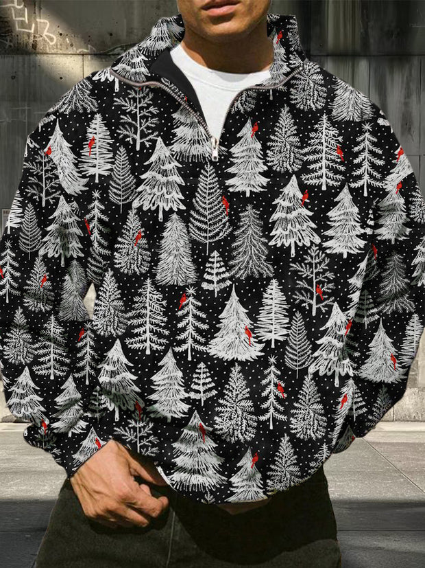 Men's retro Christmas tree pattern printed casual and fashionable loose long sleeved half zip stand up collar sweatshirt