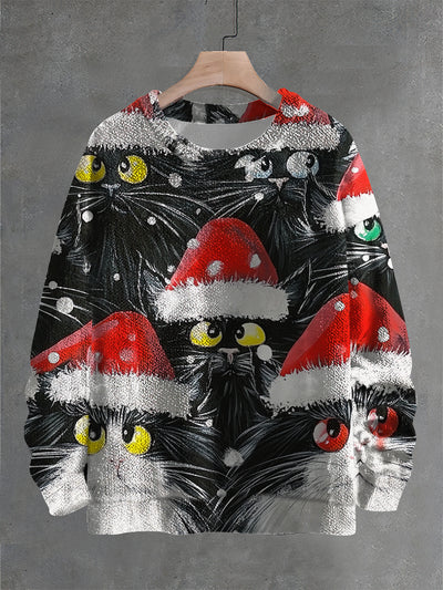 Vintage Funny Christmas Cat Art Print Casual Knit Pullover Sweater