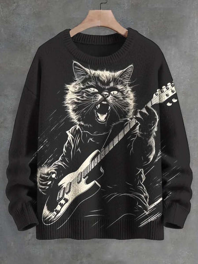 Unisex Punk Rock Cat Print Casual Crew Neck Sweater