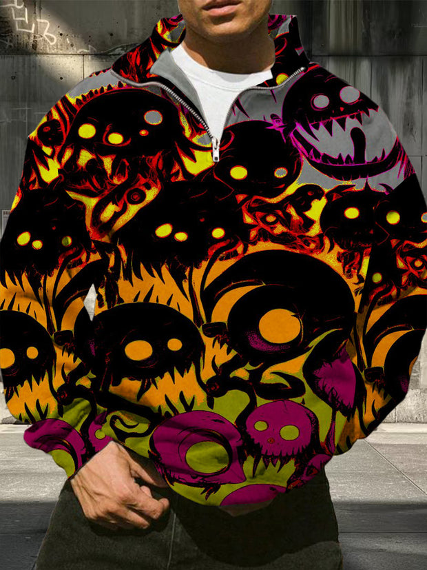 Men's retro horror skull print casual fashion long sleeved loose half zip stand up collar sweatshirt