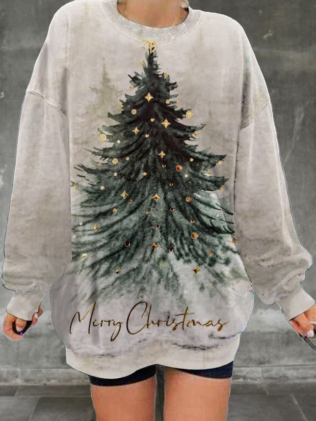 Ladies' retro Christmas tree pattern printed casual fashion long sleeved loose round neck sweatshirt