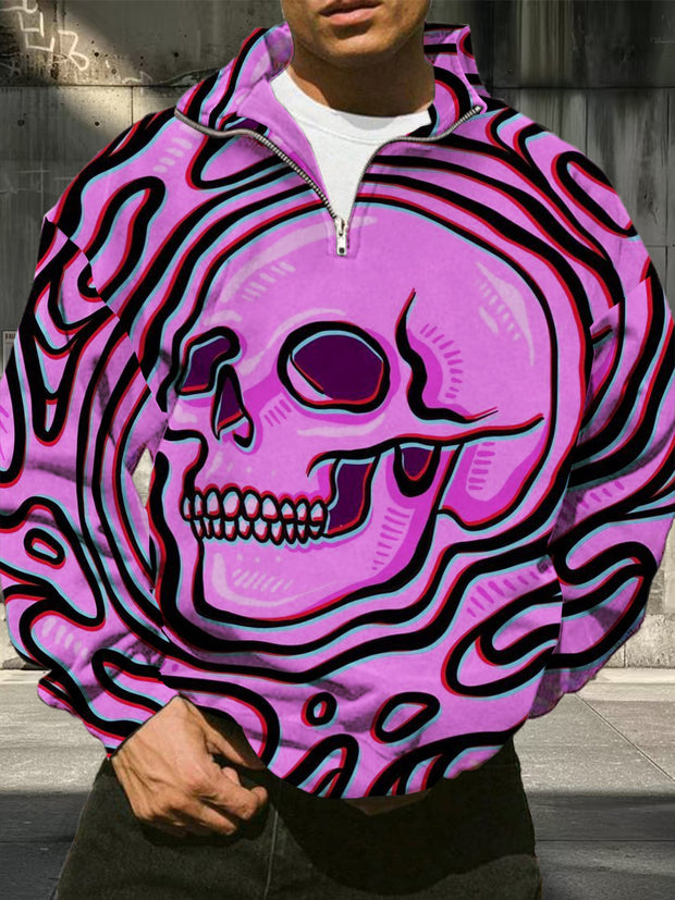 Men's Art Skull Pattern Printed Casual Fashion Long Sleeve Loose Half Zipper Stand up Hoodie