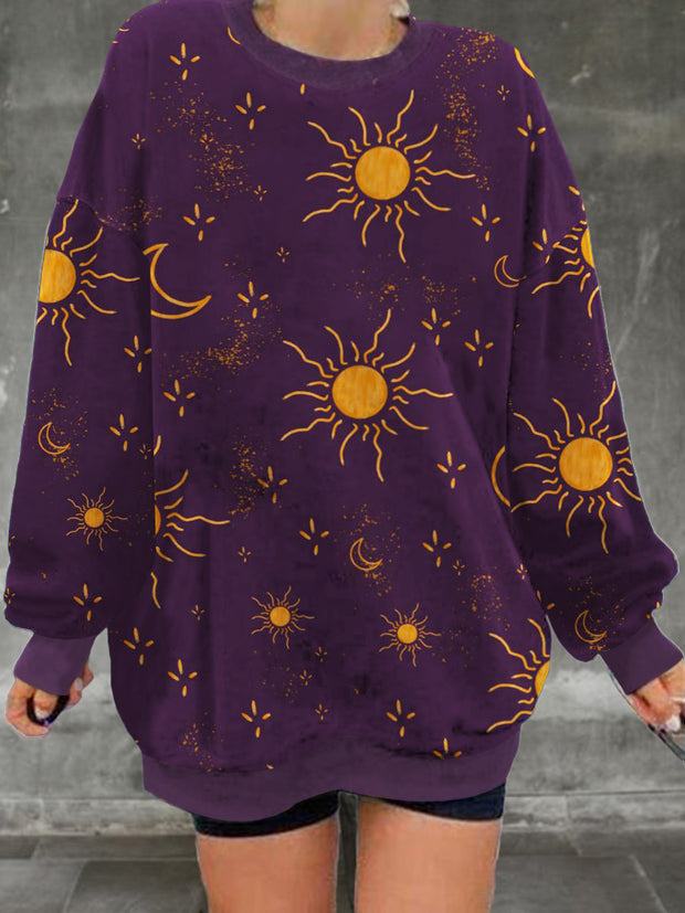 Ladies' retro sun and moon pattern printed casual fashion long sleeved loose round neck sweatshirt