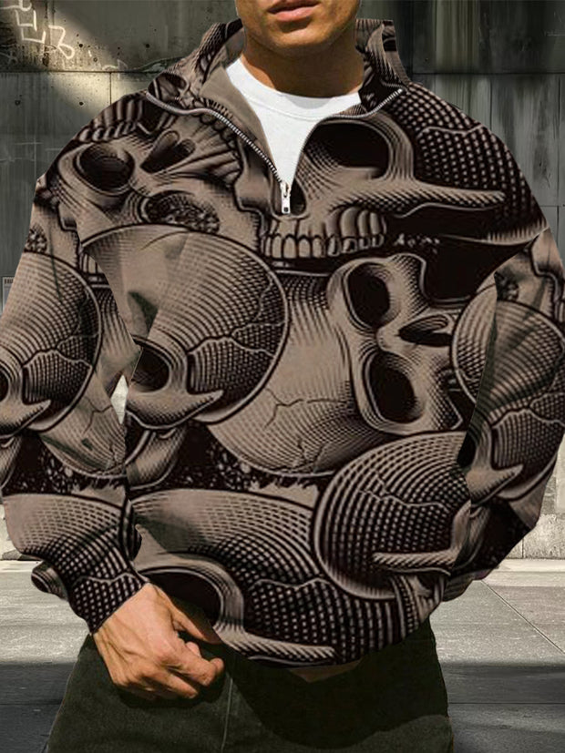 Men's Retro Skull Pattern Printed Casual Fashion Long Sleeve Loose Half Zipper Stand up Hoodie