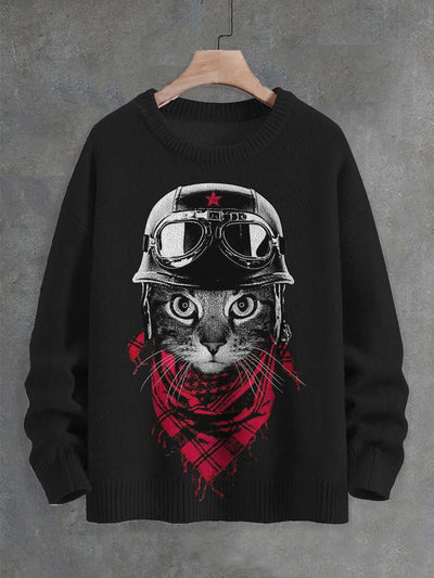 Unisex Punk Rock Cat Print Casual Crew Neck Sweater