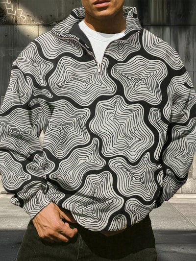 Men's Retro Abstract Art Pattern Printed Casual Fashion Long Sleeve Loose Half Zipper Stand up Hoodie