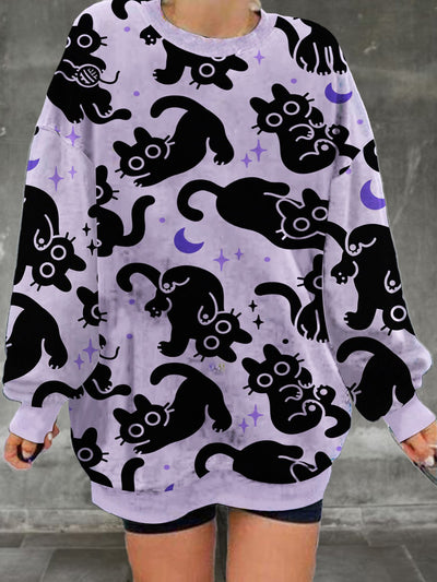 Ladies' retro cat pattern printed casual fashion long sleeved loose round neck sweatshirt