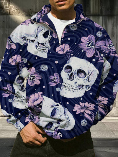 Men's Retro Skull Flower Pattern Printed Casual Fashion Long Sleeve Loose Half Zipper Stand up Hoodie