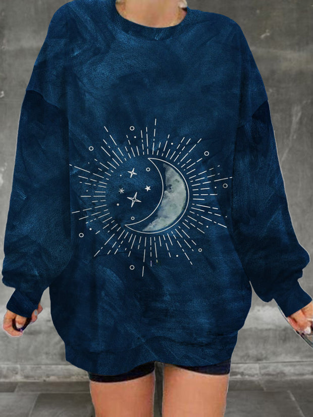 Ladies' retro moon art pattern printed casual fashion long sleeved loose round neck sweatshirt