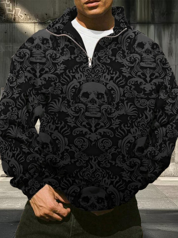 Men's Retro Skull Flower Pattern Printed Casual Fashion Long Sleeve Loose Half Zipper Stand up Hoodie