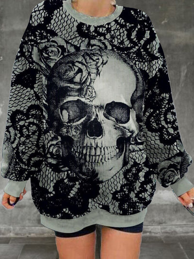 Ladies' retro skull pattern printed casual fashion long sleeved loose round neck sweatshirt