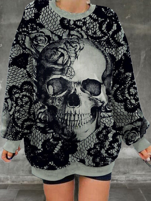 Ladies' retro skull pattern printed casual fashion long sleeved loose round neck sweatshirt