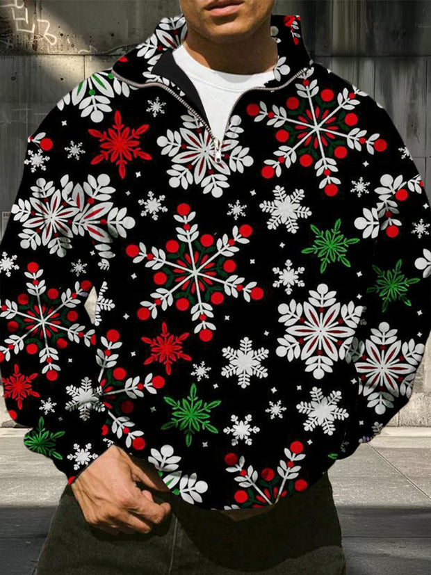 Men's retro Christmas snowflake print casual fashion long sleeved loose half zip stand up collar sweatshirt