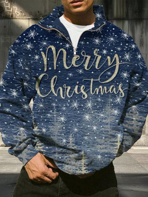 Men's Retro Christmas Pattern Printed Casual Fashion Long Sleeve Loose Half Zipper Stand up Hoodie