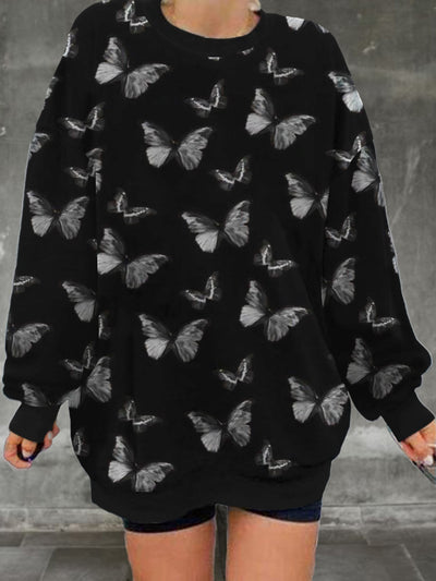 Ladies' retro butterfly pattern printed casual fashion long sleeved loose round neck sweatshirt