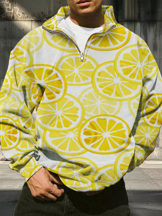 Men's Lemon Pattern Printed Casual Fashion Long Sleeve Loose Half Zipper Stand up Hoodie